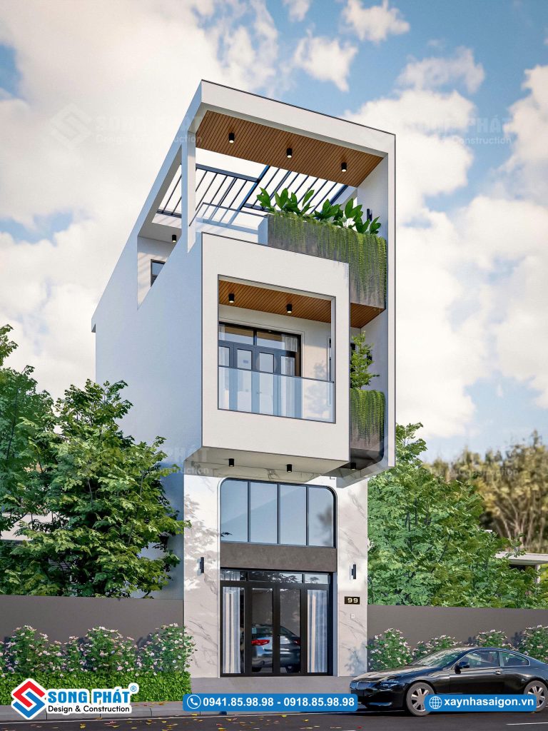 Góc nghiêng khoe rõ chiều sâu kiến trúc và khoảng thở của ban công xanh.