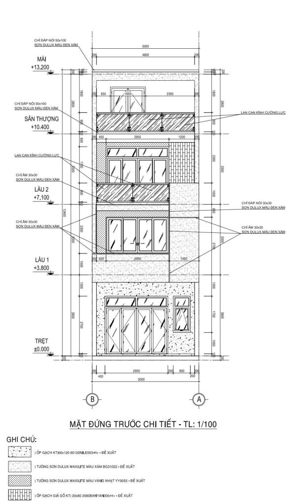 Mặt đứng chi tiết cho nhà phố 4 tầng 5x18m5