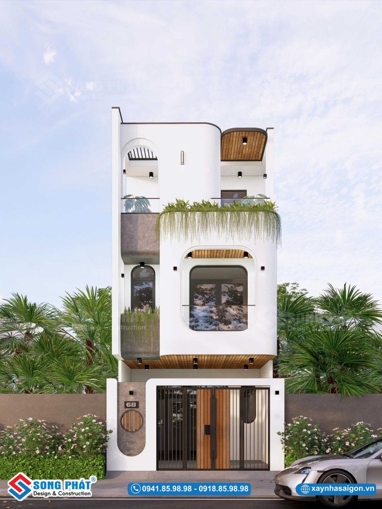 Hình khối thiết kế nhà 3 tầng 5x17m ấn tượng với cấu trúc phi đối xứng