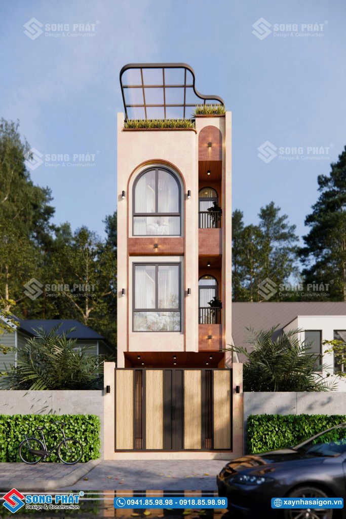 Thiết kế nhà phố 4 tầng 4x17m5 với đường nét hiện đại, vòm cong mềm mại tạo điểm nhấn nổi bật.
