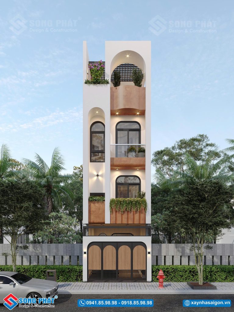 Mặt tiền nhà 4 tầng 4x15m6 được thiết kế theo phong cách hiện đại, tôn lên đường nét thẩm mỹ tổng thể