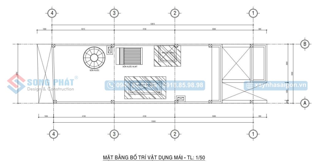 Mặt bằng bố trí vật dụng mái nhà 4 tầng 4x15m6