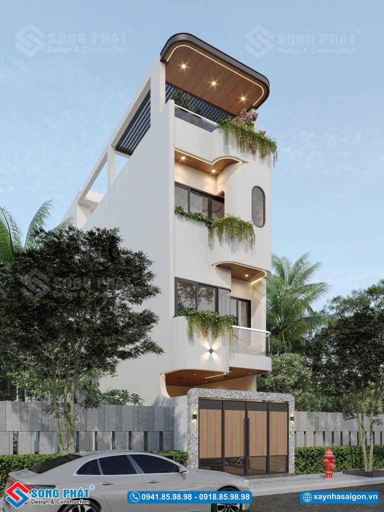 Đường nét bo cong mang đến nét đẹp hài hòa cho tổng thể mặt tiền nhà phố 4 tầng 4x23m7