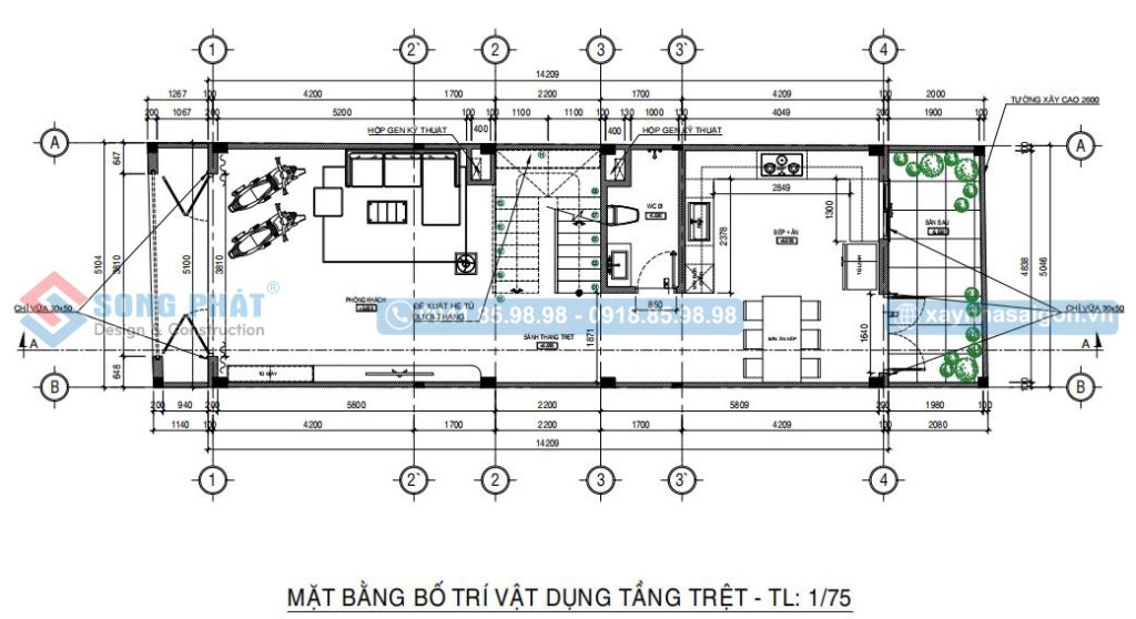 Mặt bằng bố trí vật dụng tầng trệt