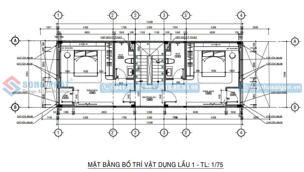 Mặt bằng bố trí vật dụng lầu 1 