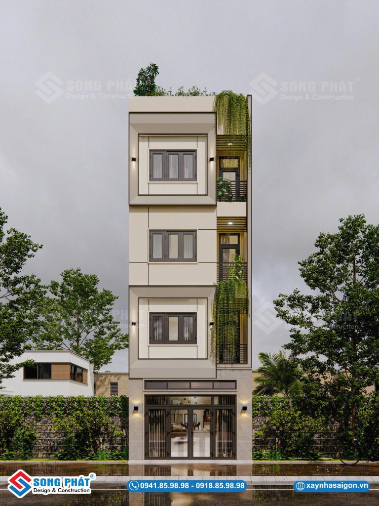 Mặt tiền nhà 1 trệt 3 lầu 5x14m thiết kế hiện đại, bố cục gọn gàng, nổi bật với ban công thoáng và mảng xanh tinh tế.