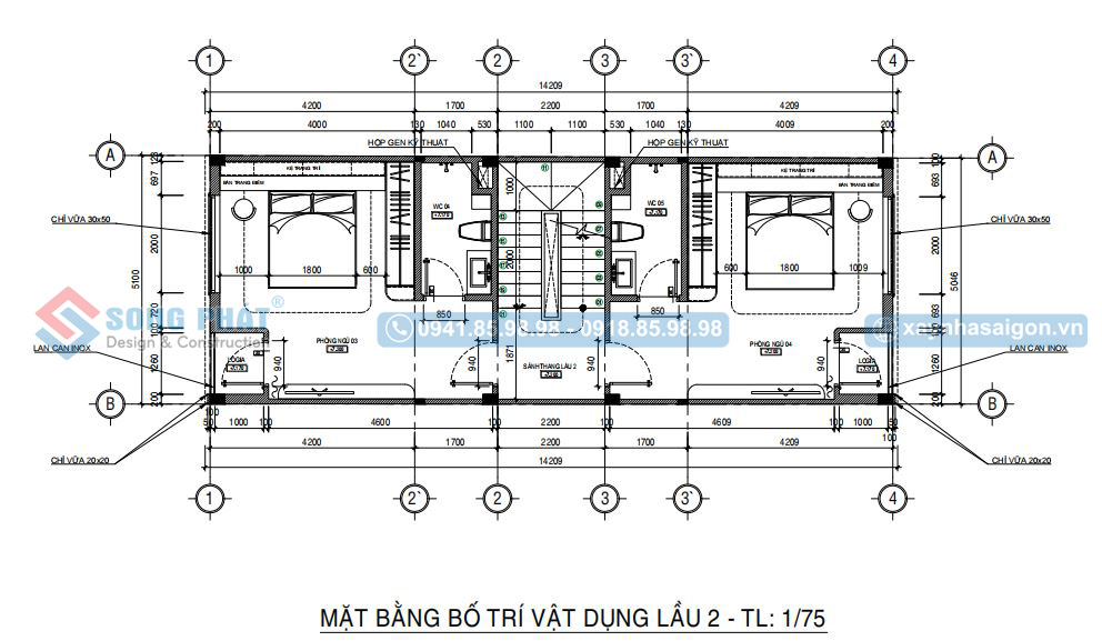 Mặt bằng bố trí vật dụng lầu 2 