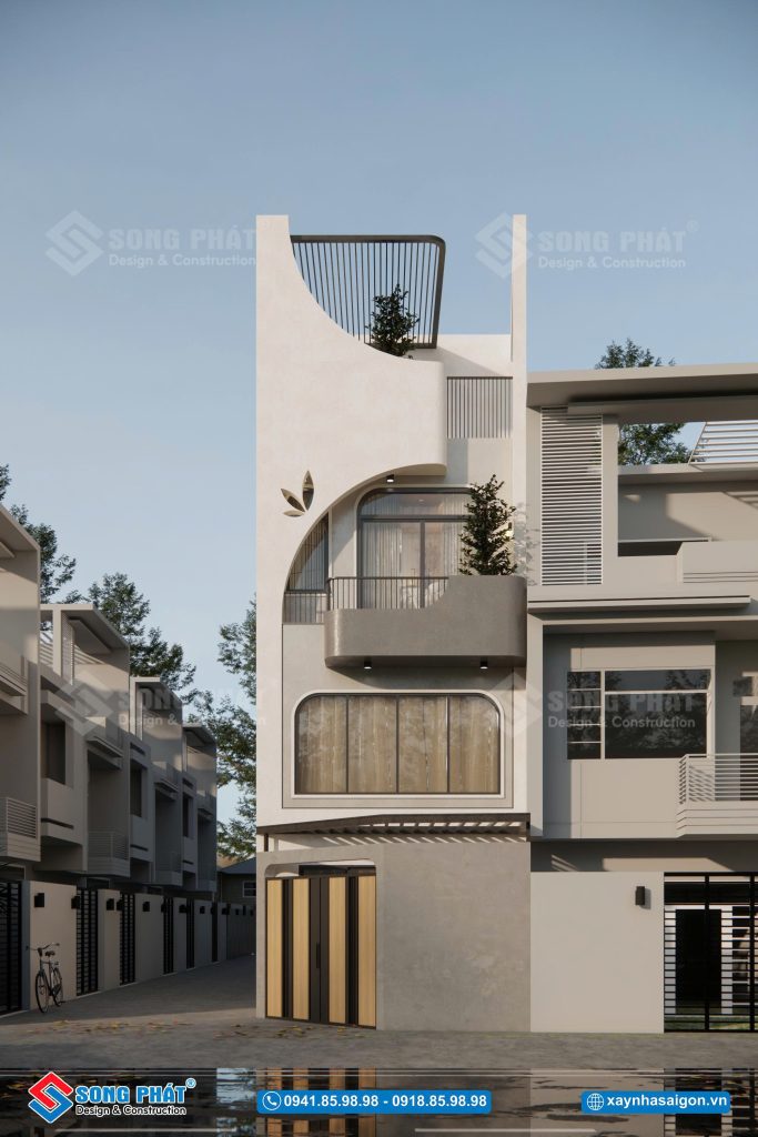Mặt tiền nhà 2 mặt tiền 5x14m thiết kế cong mềm mại, tối giản mà vẫn nổi bật.