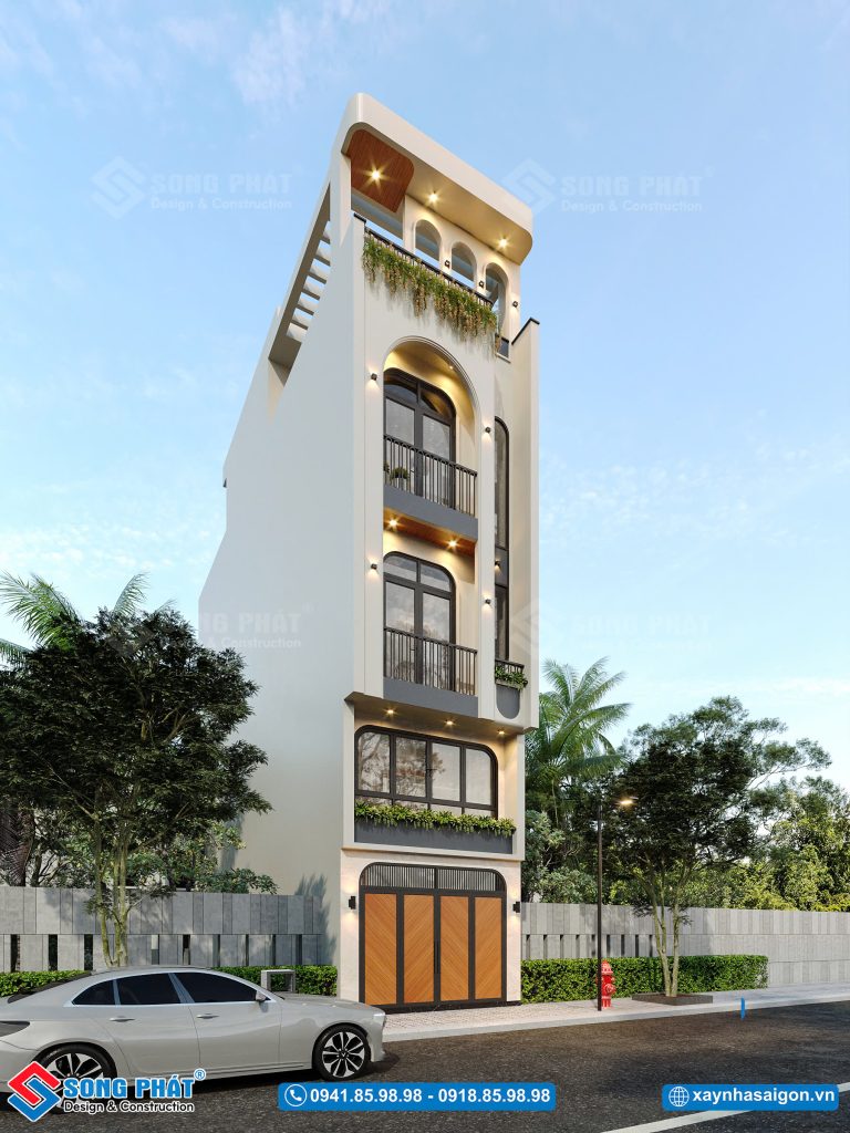 tổng thể thiết kế nhà phố mặt tiền 4m hài hòa với tone màu trung tính