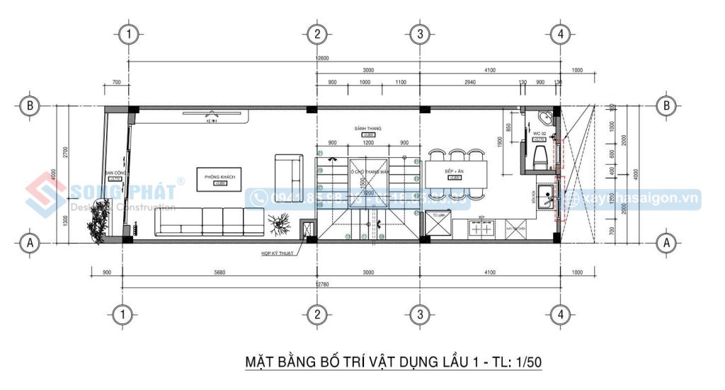 Mặt bằng bố trí vật dụng lầu 1