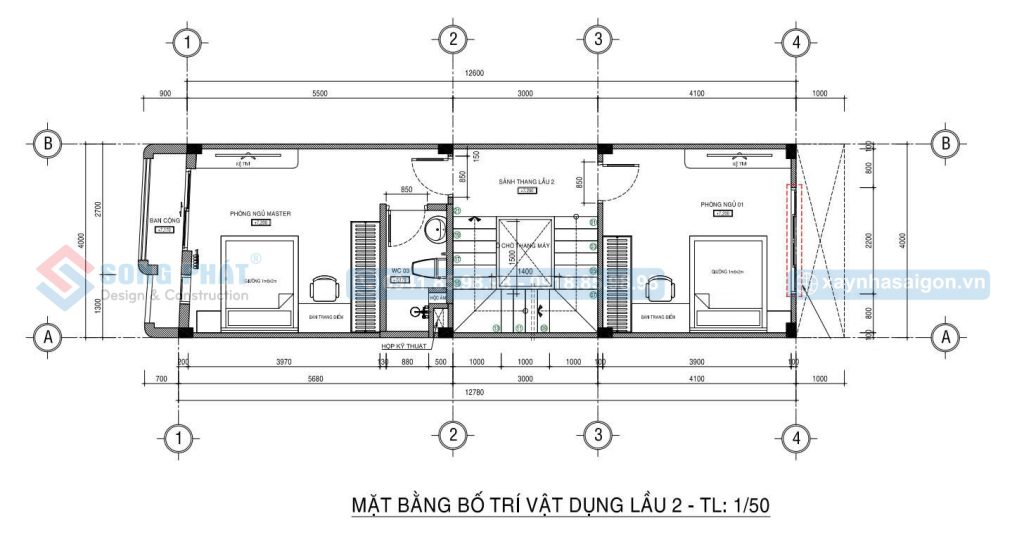 Mặt bằng bố trí vật dụng lầu 2