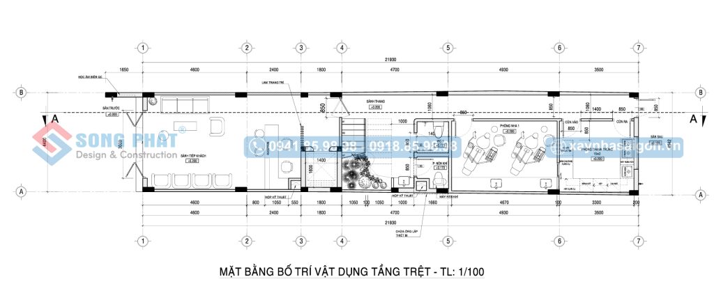 Mặt bằng bố trí vật dụng tầng trệt nhà 6 tầng 4m4x24m.