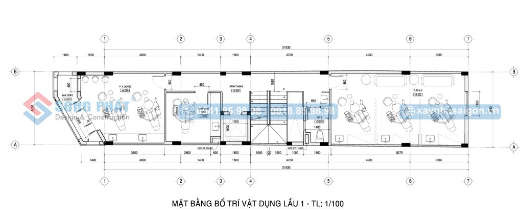 Mặt bằng bố trí vật dụng tầng 1 nhà 6 tầng 4m4x24m.