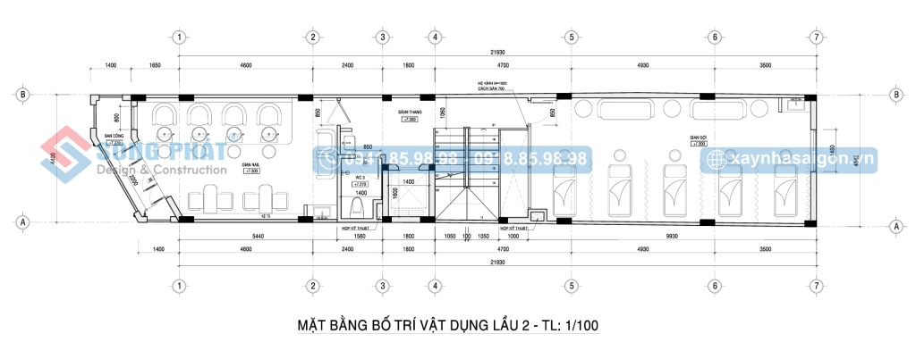 Mặt bằng bố trí vật dụng tầng 2 nhà 6 tầng 4m4x24m.