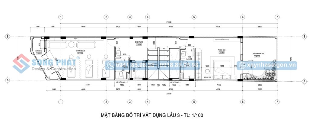 Mặt bằng bố trí vật dụng tầng 3 nhà 6 tầng 4m4x24m.
