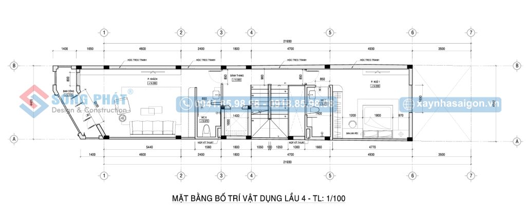 Mặt bằng bố trí vật dụng tầng 4 nhà 6 tầng 4m4x24m.