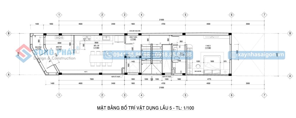 Mặt bằng bố trí vật dụng tầng 5 nhà 6 tầng 4m4x24m.