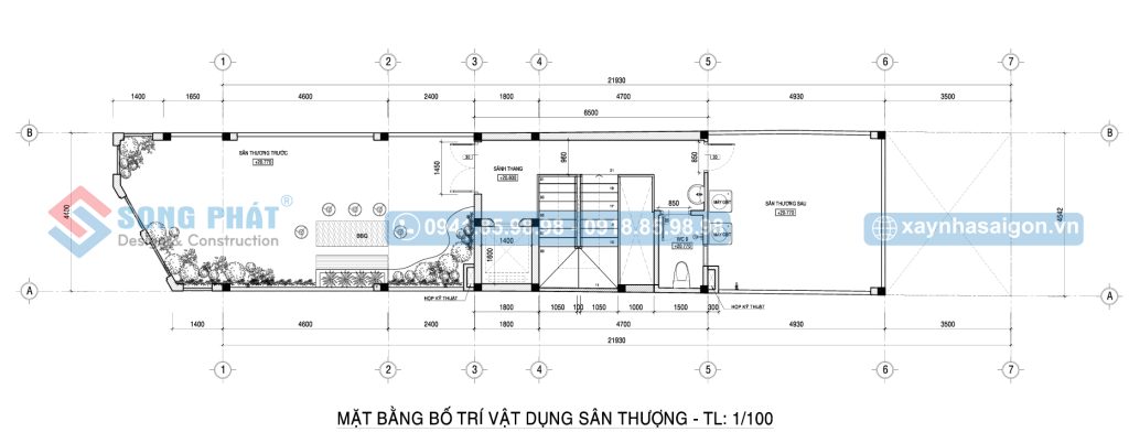 Mặt bằng bố trí vật dụng sân thượng nhà 6 tầng 4m4x24m.