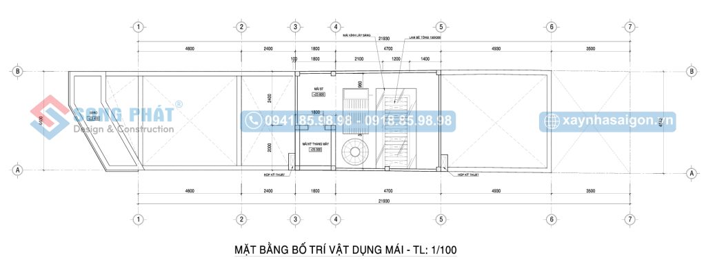 Mặt bằng bố trí vật dụng tầng mái nhà 6 tầng 4m4x24m.