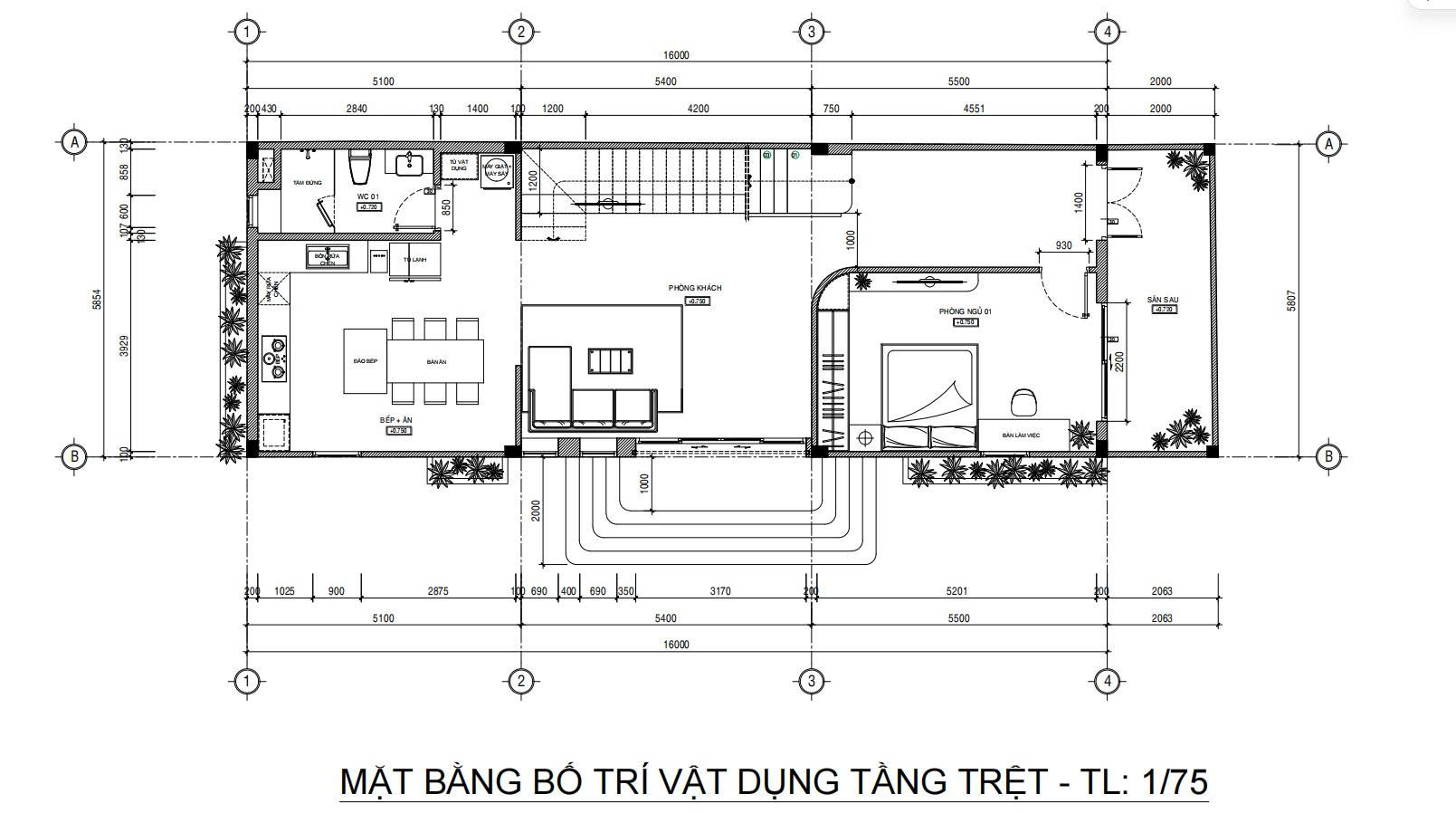 Mặt bằng bố trí vật dụng tầng trệt