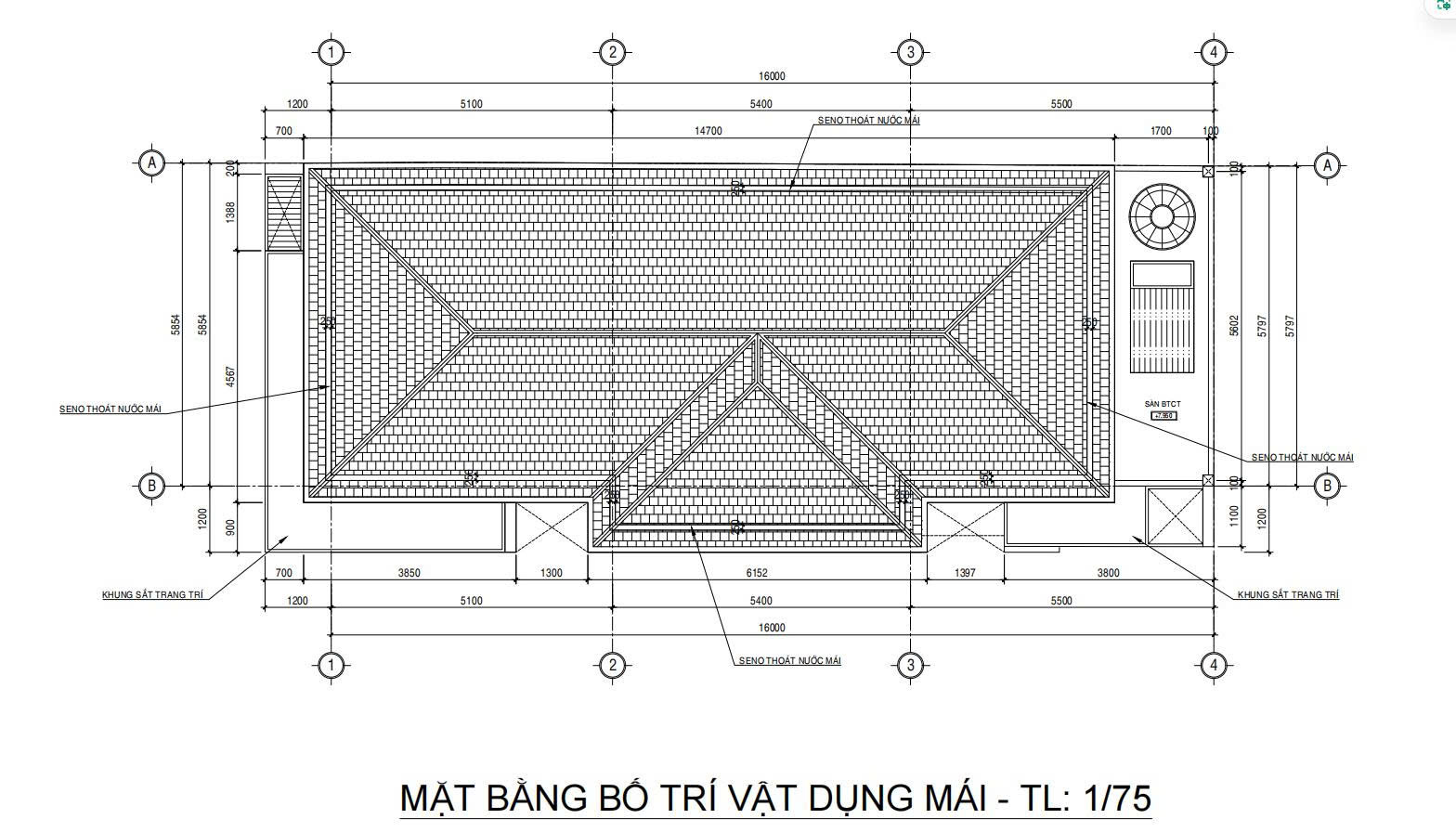 Mặt bằng bố trí vật dụng mái nhà 1 trệt 1 lầu 172m2