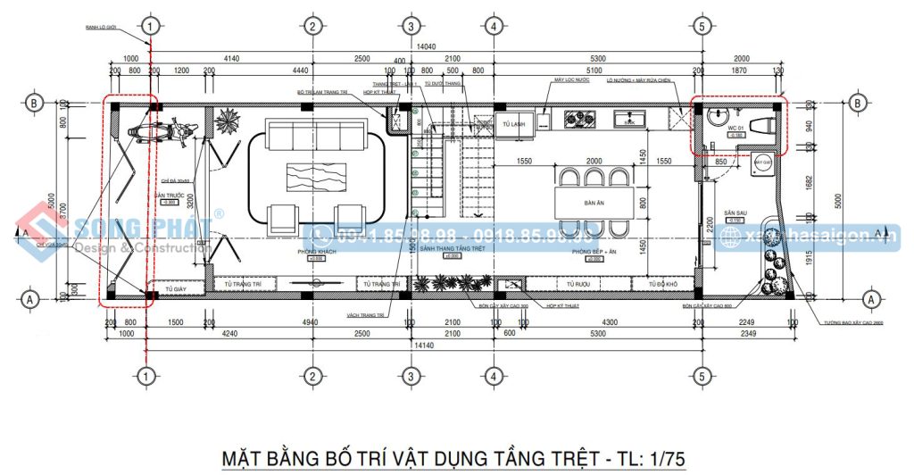 Mặt bằng bố trí vật dụng tầng trệt 