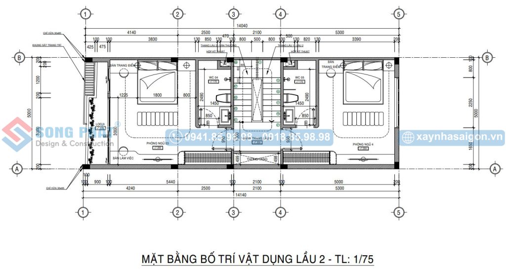 Mặt bằng bố trí vật dụng lầu 2