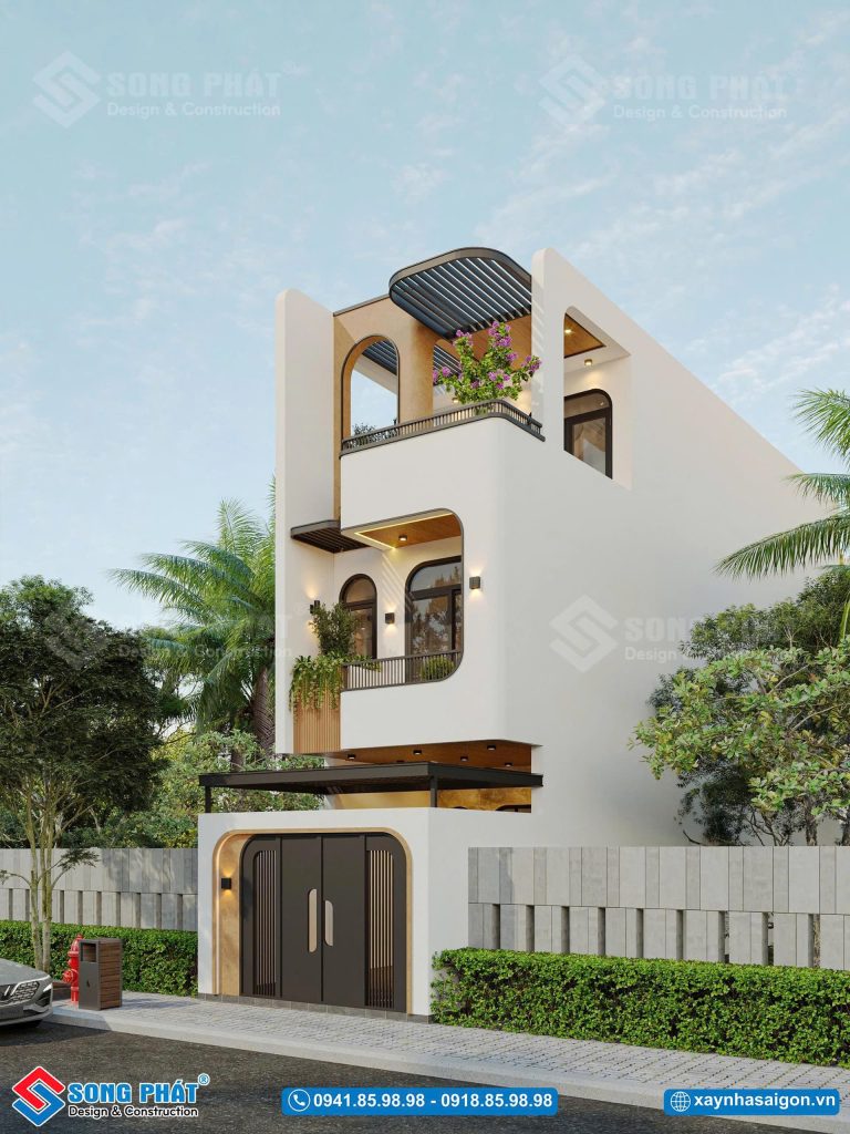 Góc nhìn nghiêng cho thấy hình khối xếp lớp rõ nét, ánh sáng và vật liệu hòa quyện đầy tinh tế. 