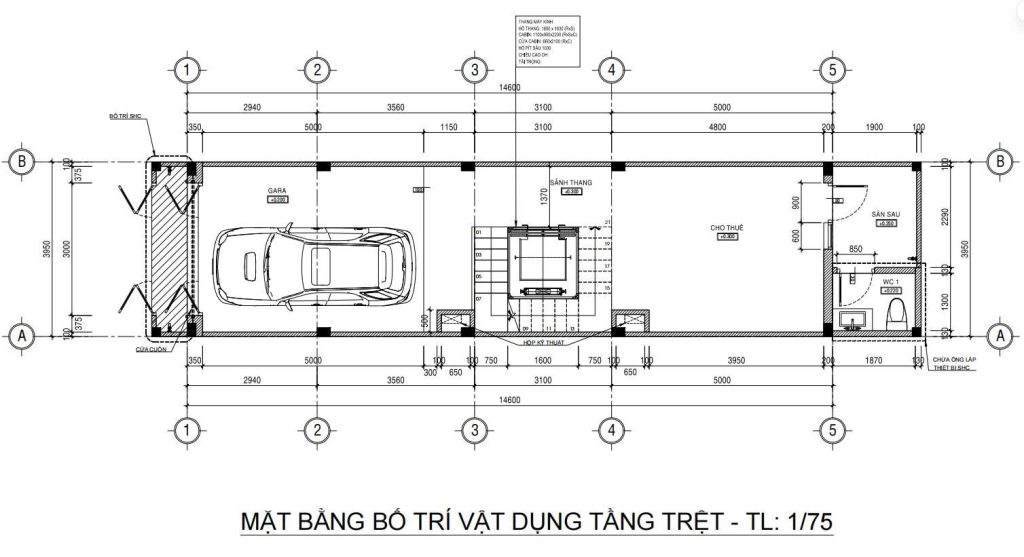 Mặt bằng vật dụng tầng trệt nhà phố 5 tầng 4x17m