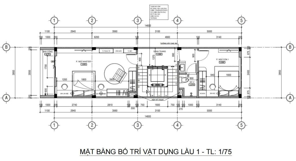 Mặt bằng vật dụng lầu 1 nhà phố 5 tầng 4x17m