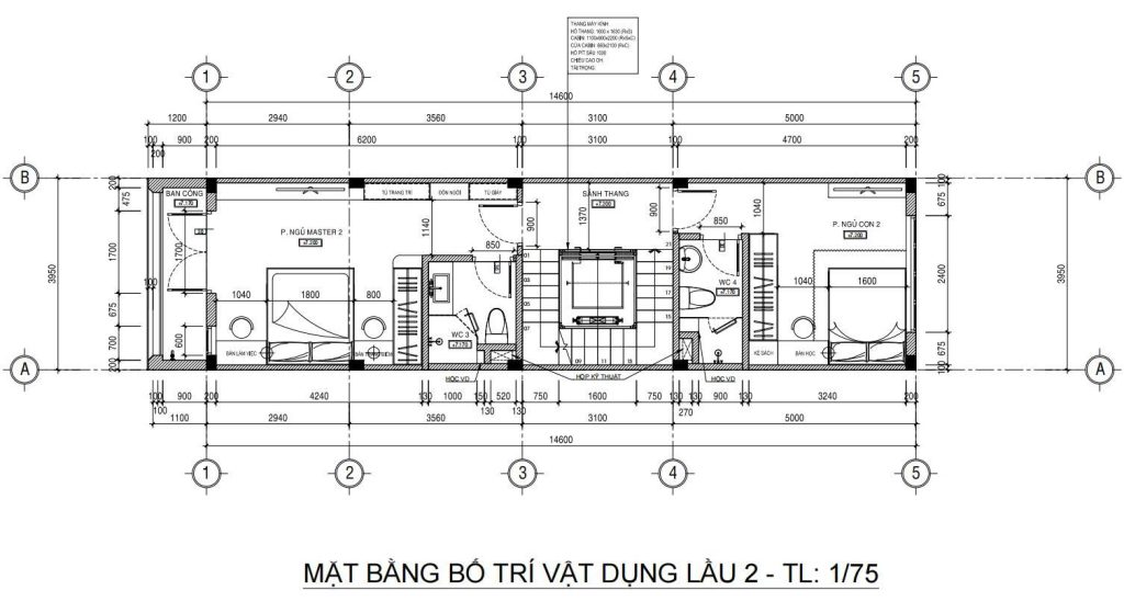 Mặt bằng vật dụng lầu 2 nhà phố 5 tầng 4x17m