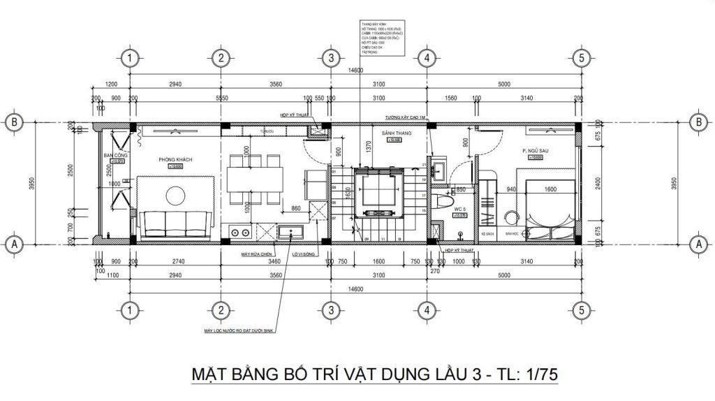 Mặt bằng vật dụng lầu 3 nhà phố 5 tầng 4x17m