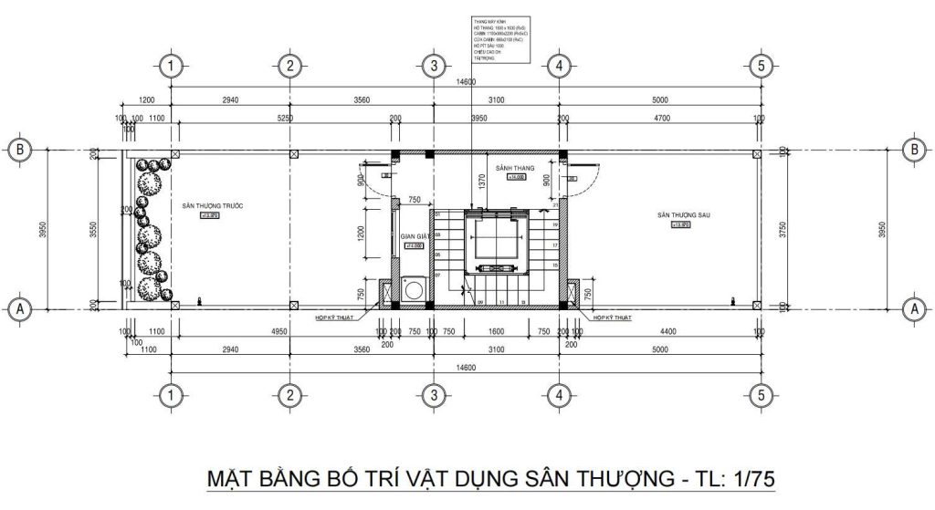 Mặt bằng vật dụng sân thượng nhà phố 5 tầng 4x17m