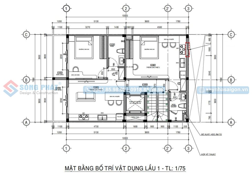 Mặt bằng bố trí vật dụng lầu 1