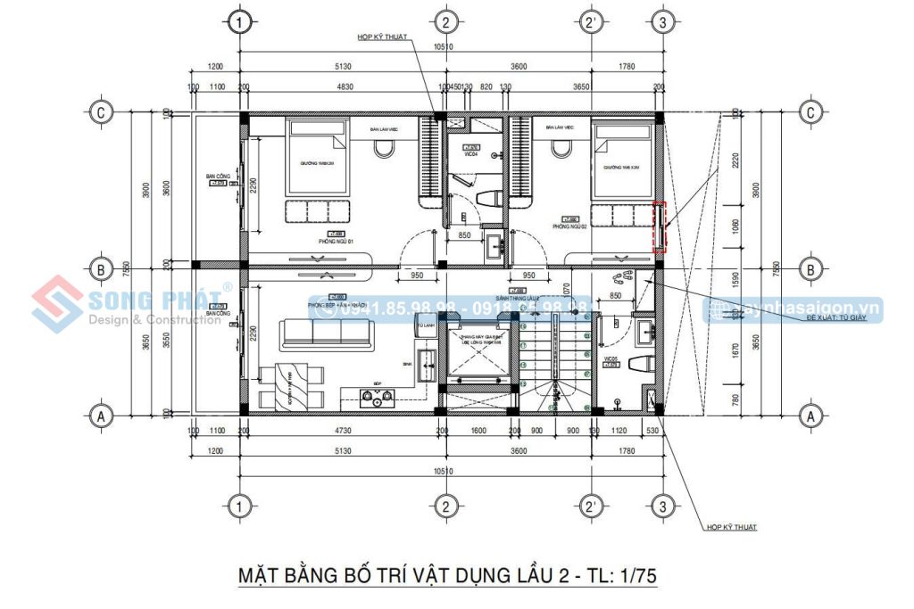 Mặt bằng bố trí vật dụng lầu 2
