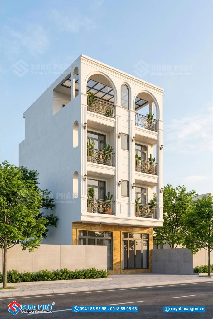 Tone trắng be tạo nên tổng thể hiện đại, hài hòa cho thiết kế nhà 4 tầng 7m5x16m