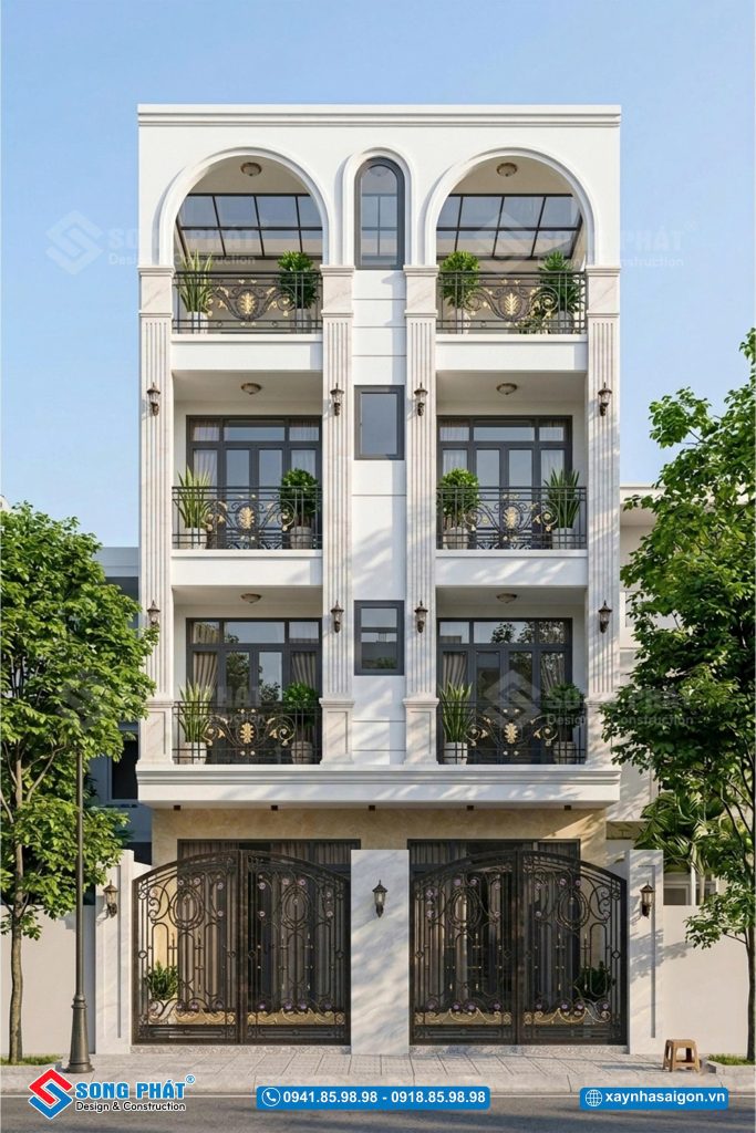 Tổng thể mặt tiền thiết kế nhà 4 tầng 7m5x16m