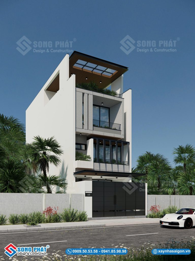 Góc nghiêng đủ để thấy rõ chất hiện đại nằm trong từng đường nét và khoảng sáng của ngôi nhà.