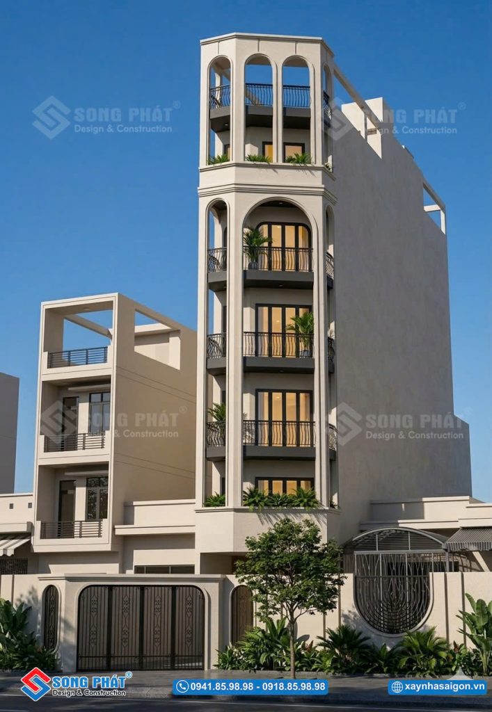 Góc nhìn nghiêng thể hiện rõ nhịp điệu hình khối tổng thể của nhà 6 tầng 4m4x24m. 