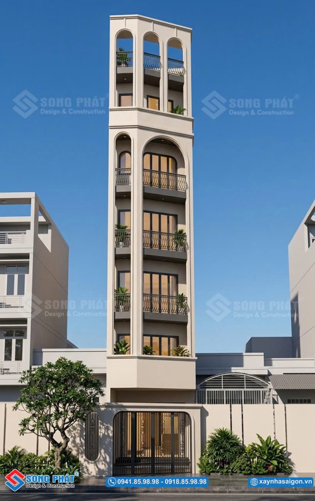 Nhà 6 tầng 4m4x24m với bố cục hiện đại, cân đối và giàu chiều sâu kiến trúc