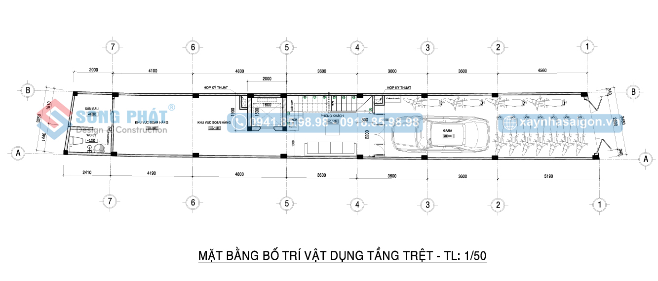 Mặt bằng bố trí vật dụng tầng trệt nhà 5 tầng 395m2.