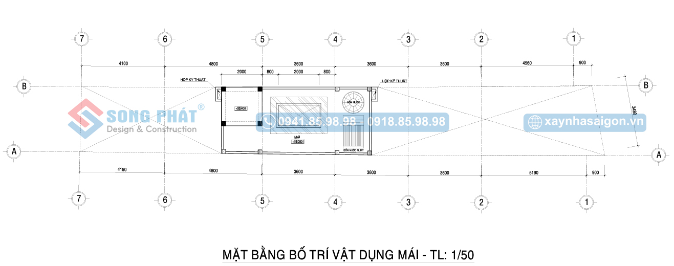 Mặt bằng bố trí vật dụng mái nhà 5 tầng 395m2.