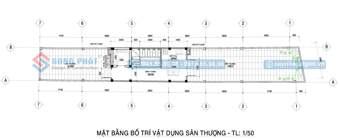 Mặt bằng bố trí vật dụng tầng thượng nhà 5 tầng 395m2.