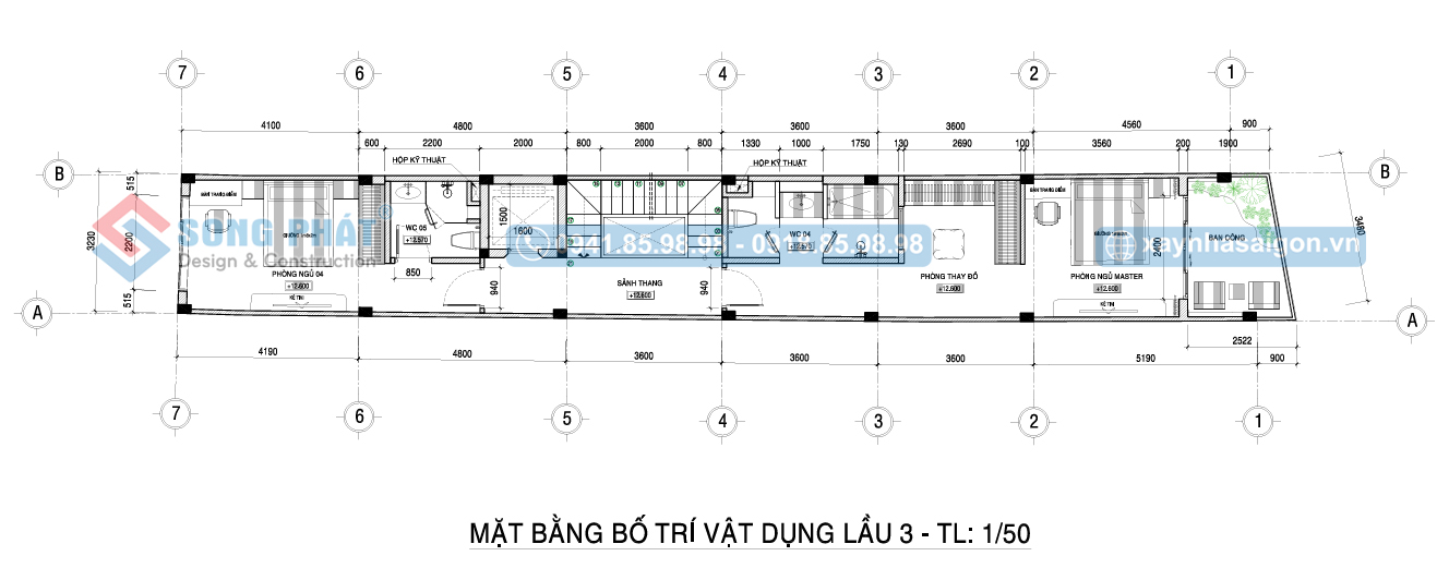 Mặt bằng bố trí vật dụng tầng 3 nhà 5 tầng 395m2.