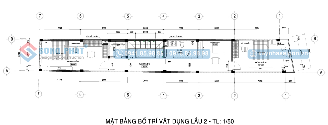 Mặt bằng bố trí vật dụng tầng 2 nhà 5 tầng 395m2.