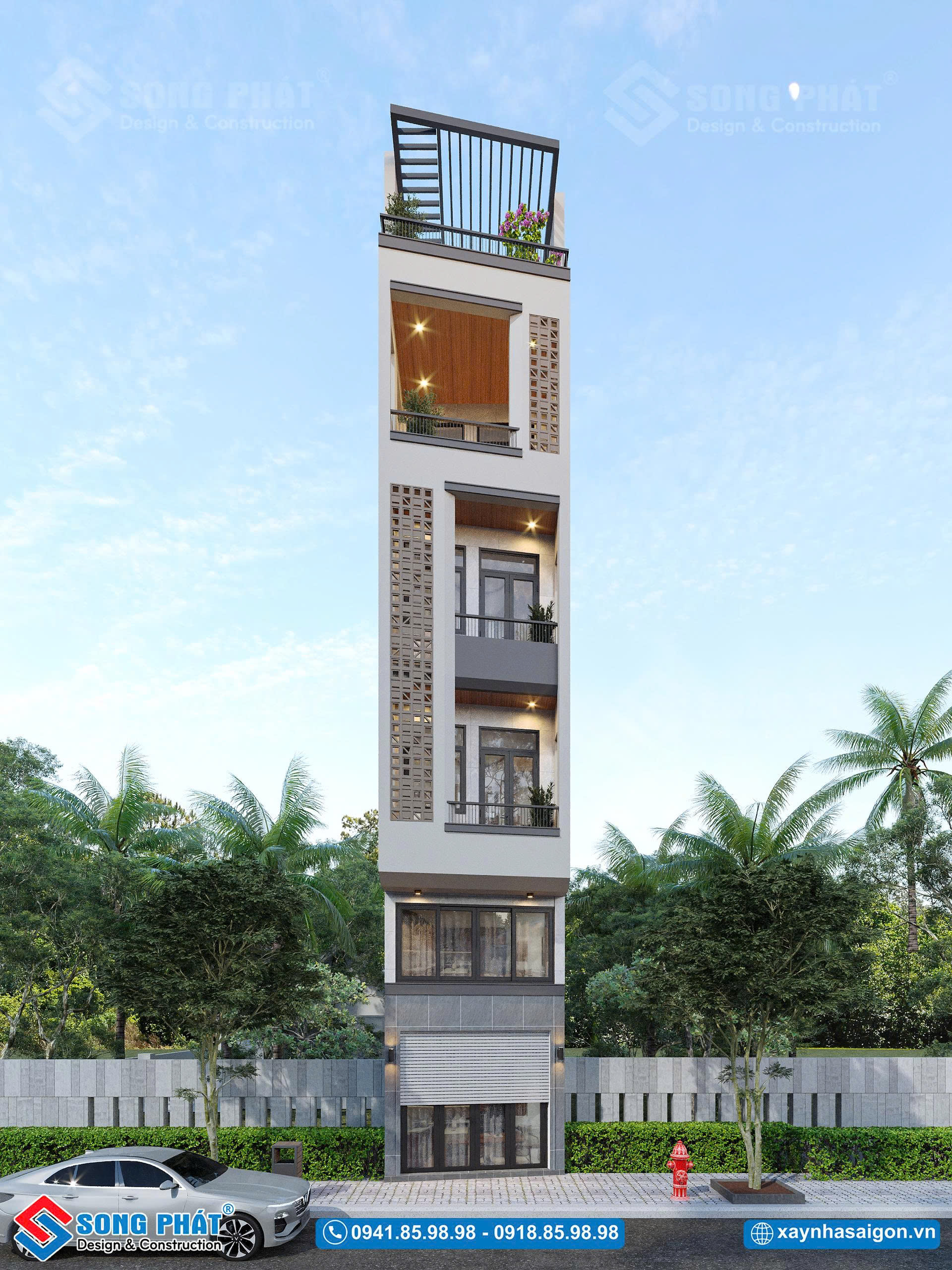 Mặt tiền nhà 5 tầng 395m2 hiện đại, hài hòa.