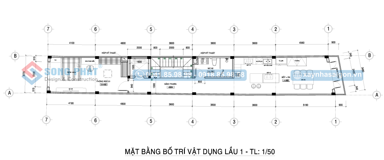 Mặt bằng bố trí vật dụng tầng 1 nhà 5 tầng 395m2.