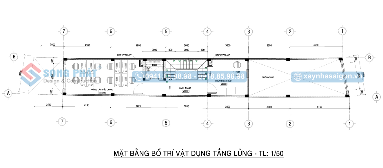 Mặt bằng bố trí vật dụng tầng lửng nhà 5 tầng 395m2.