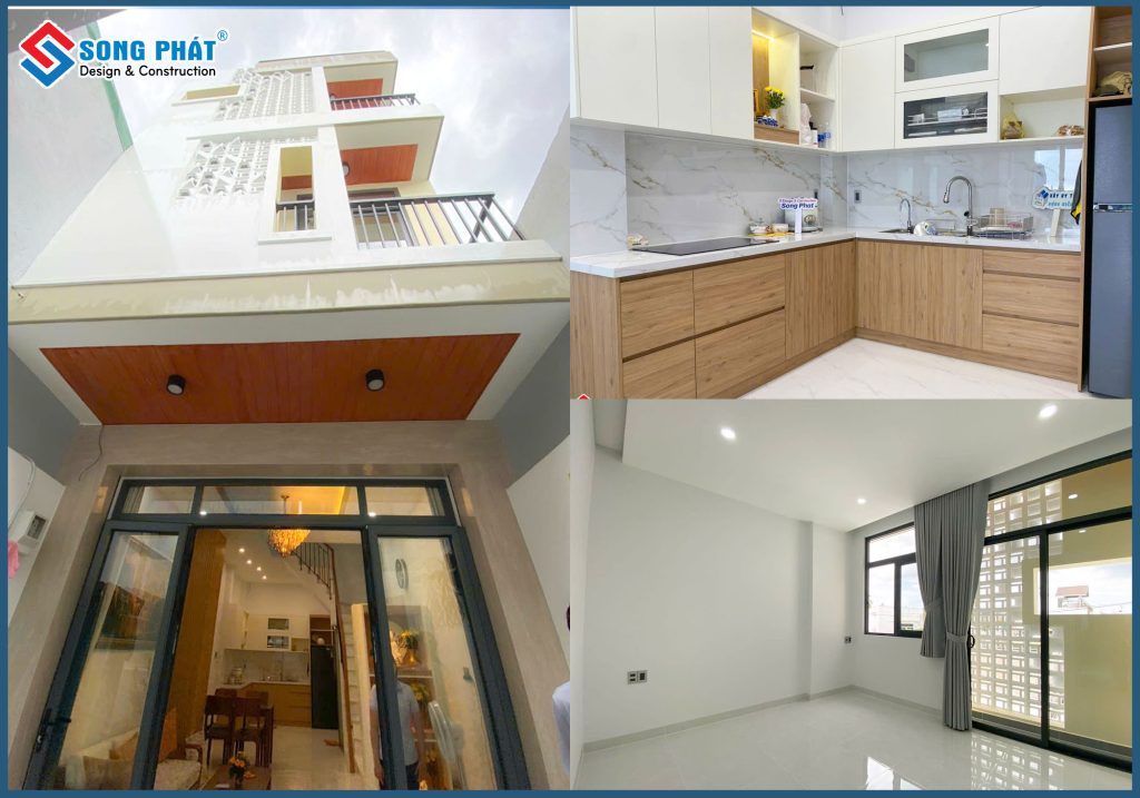 Phối cảnh tổng thể mặt tiền nhà phố hiện đại với hệ trần ốp gỗ và cửa kính cường lực sang trọng.