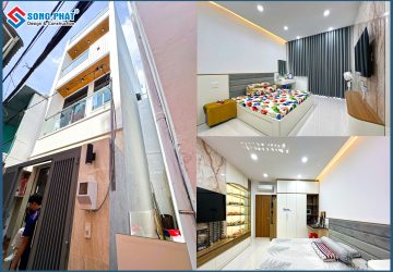 Phối cảnh tổng thể mặt tiền nhà phố và nội thất phòng ngủ hiện đại.
